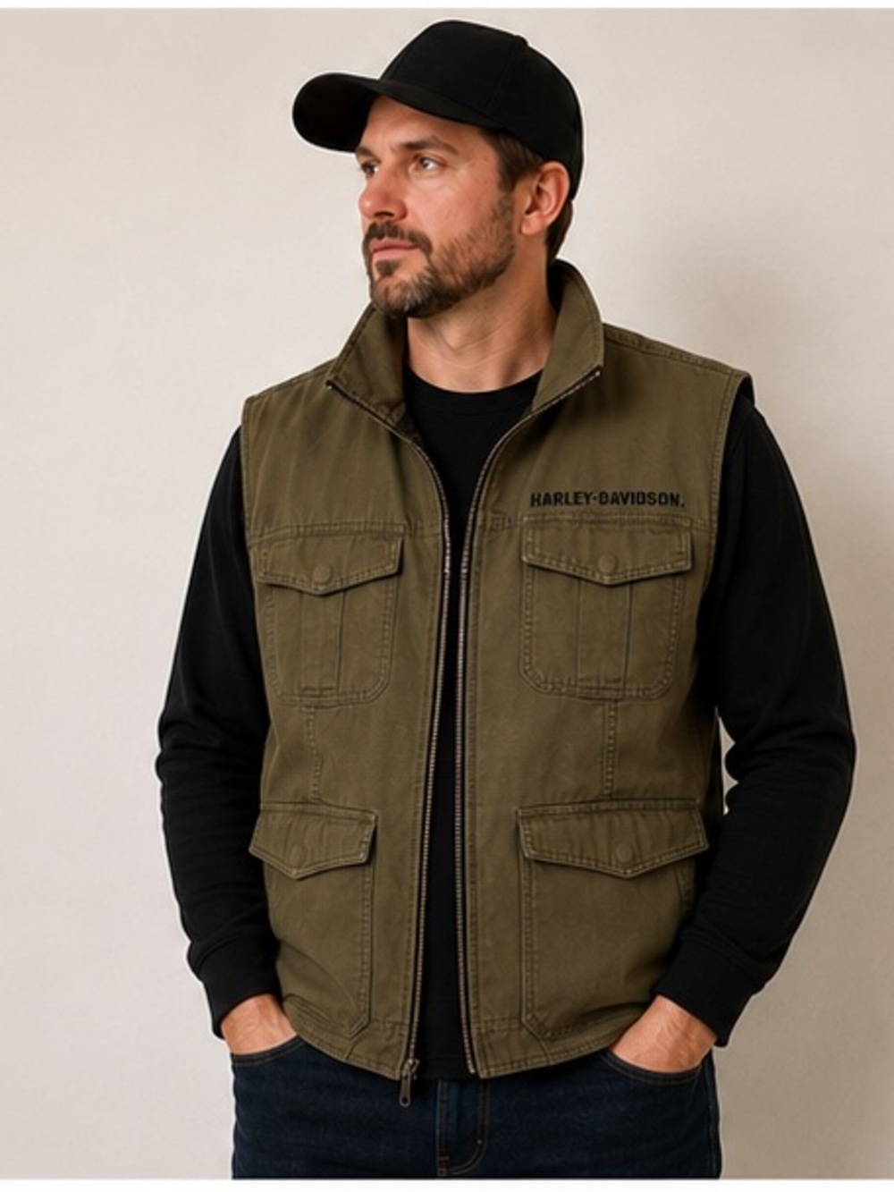 Harley-Davidson Reversible Utility Vest Men's Large Olive Green/ Black Full Zip